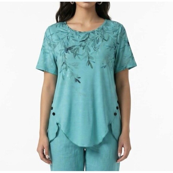 Just Fashion Now Tops - Just Fashion Women’s Large Green Summer Tops Round Neck Side Buttons